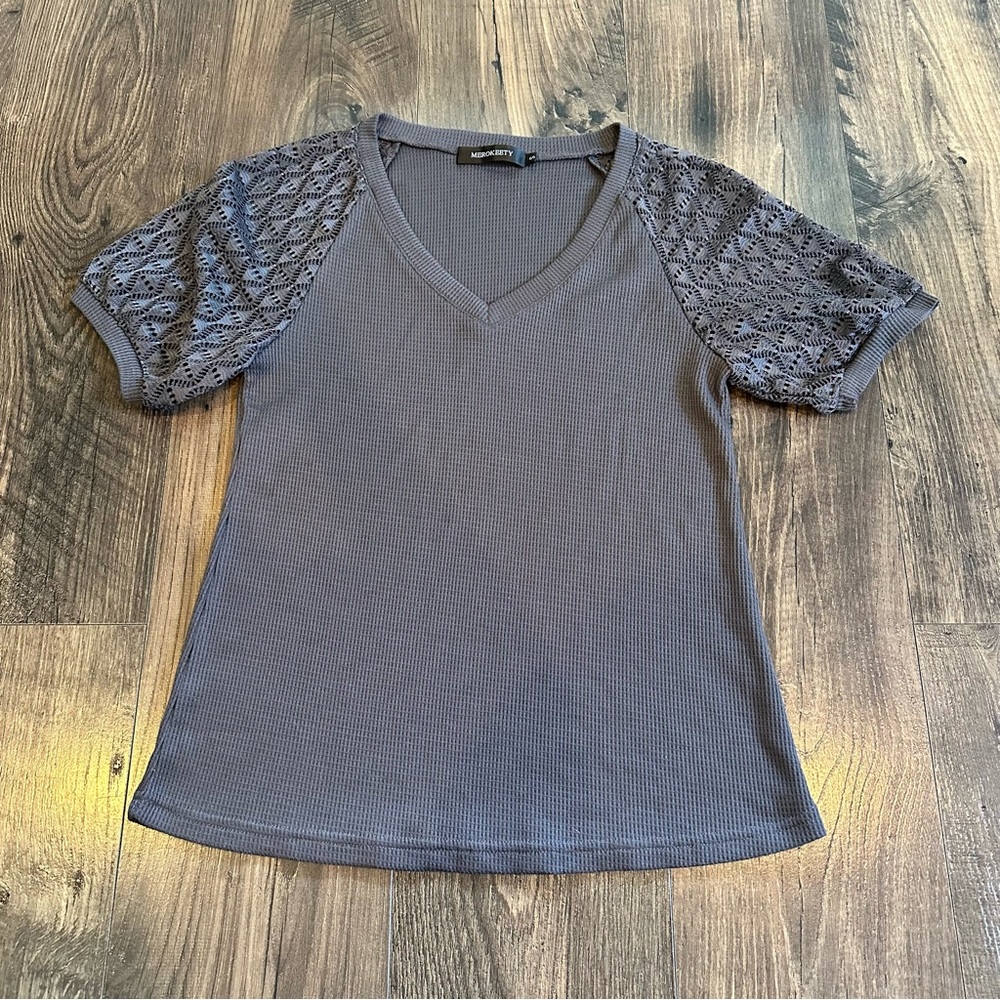 GUC Women's Merokeety Gray Waffle Knit Top Short Sleeve Shirt V Neck, Size: S